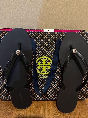 Tory Burch Black Logo Medallion Flip Flops